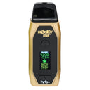 HoneyStick HRB+ Dry Herb Vaporizer, pocket-sized with OLED display, mouthpiece, firing button, and adjustable temperature control for vaporizing dry herbs efficiently.