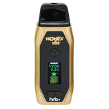 HoneyStick HRB+ Dry Herb Vaporizer, pocket-sized with OLED display, mouthpiece, firing button, and adjustable temperature control for vaporizing dry herbs efficiently.