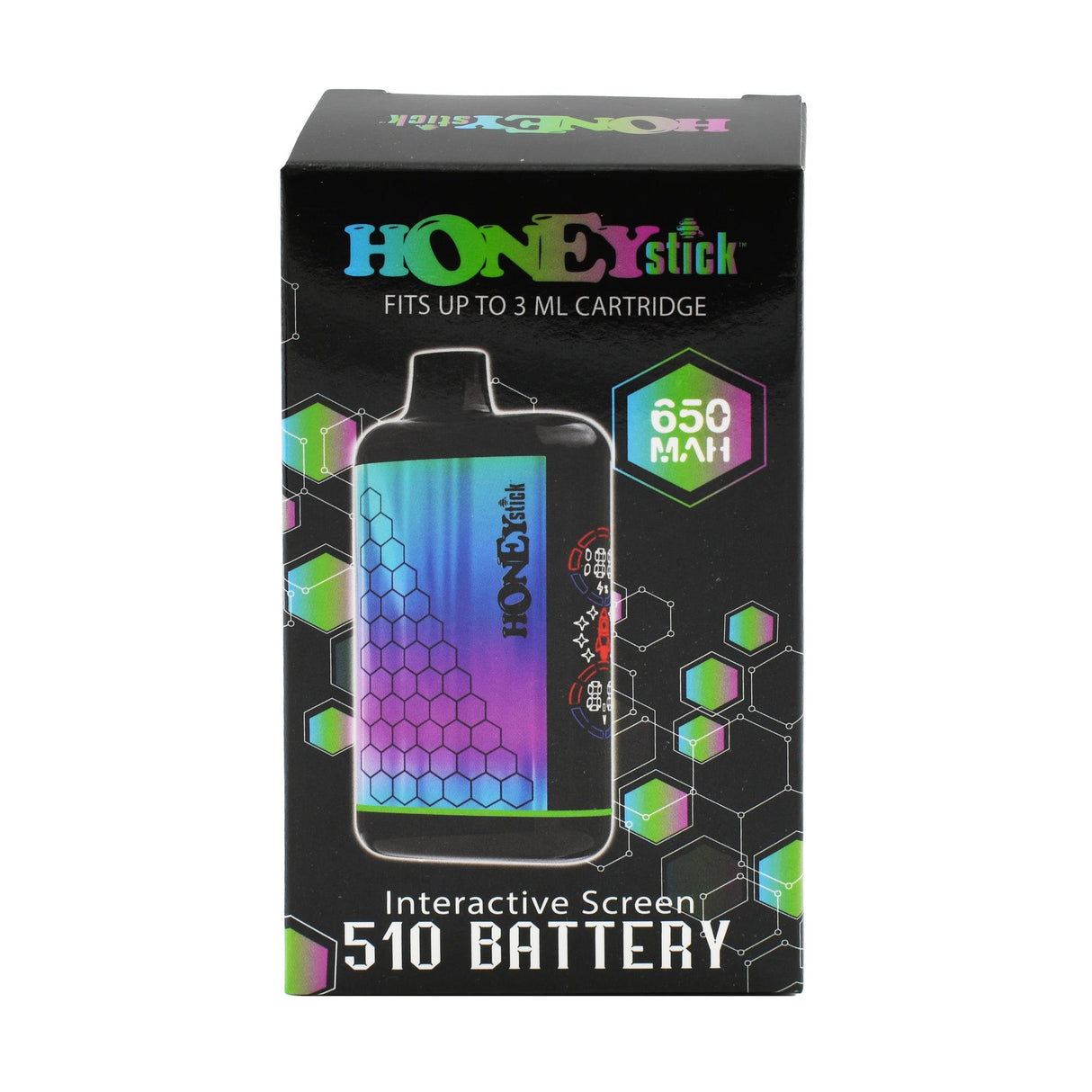 Honeystick Interactive 510 Battery - Multicolor (Carton of 10), sleek box design, showcasing advanced vaping features and compatibility with most 510 cartridges.