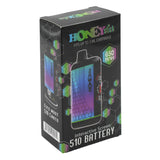 Interactive Concealer 510 Battery - Multicolor (Carton of 10), featuring a sleek black box with colorful hexagon graphic, barcode, and bottle image, ideal for dispensaries.