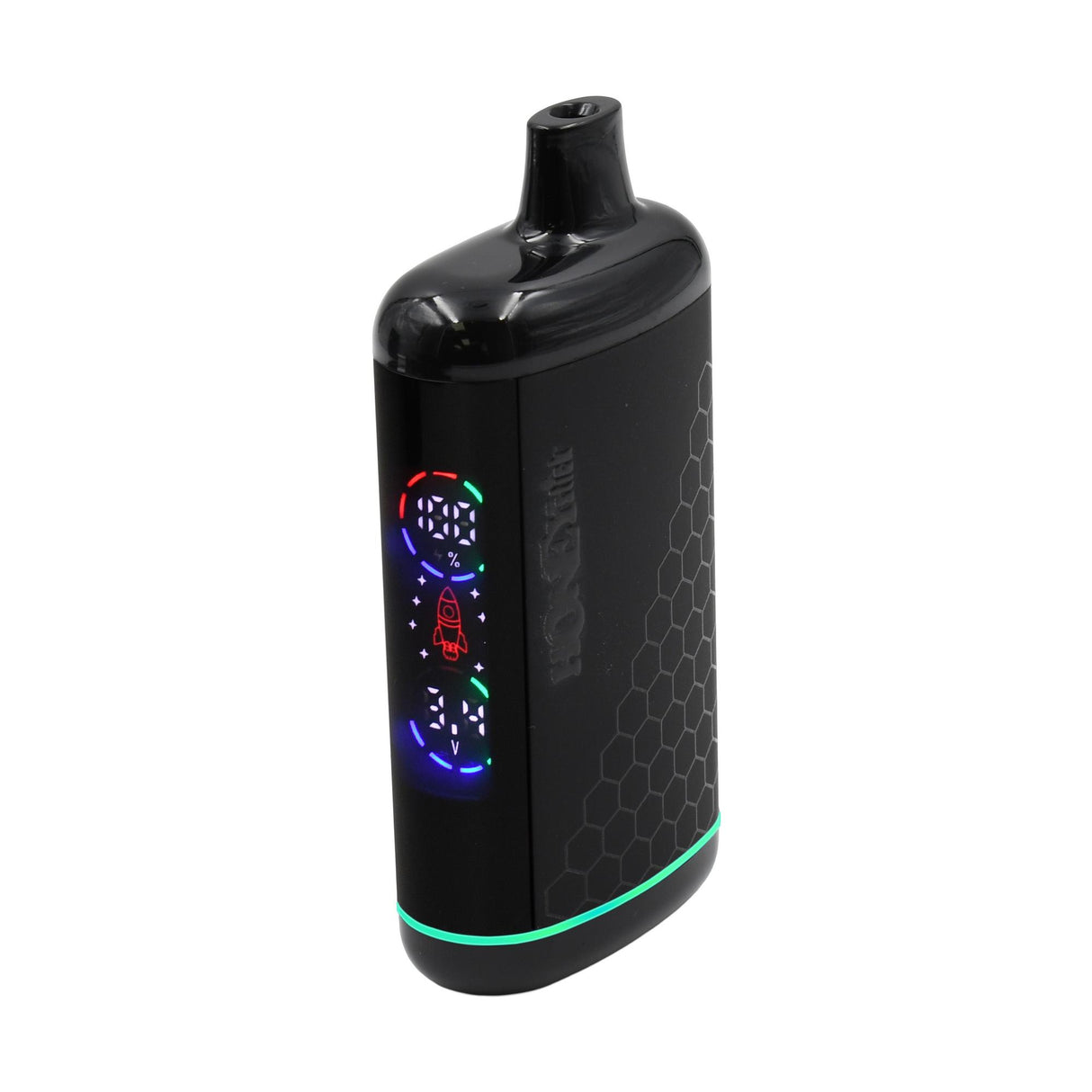 Interactive Concealer 510 Battery - Multicolor, a sleek black vape with a molded mouthpiece, hex-patterned side panel, LED strip, and digital display showing battery and voltage.