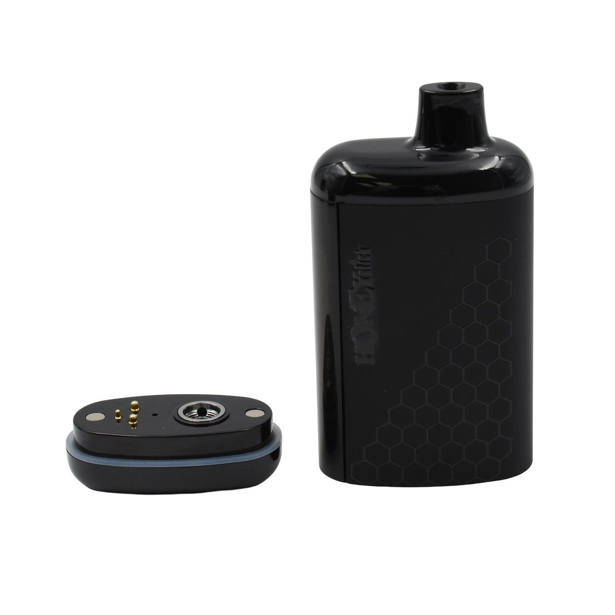 HoneyStick Interactive 510 Battery next to detachable pod, showcasing gold contact pins and threading for atomizer attachment, emphasizing sleek, buttonless design for enhanced vaping.