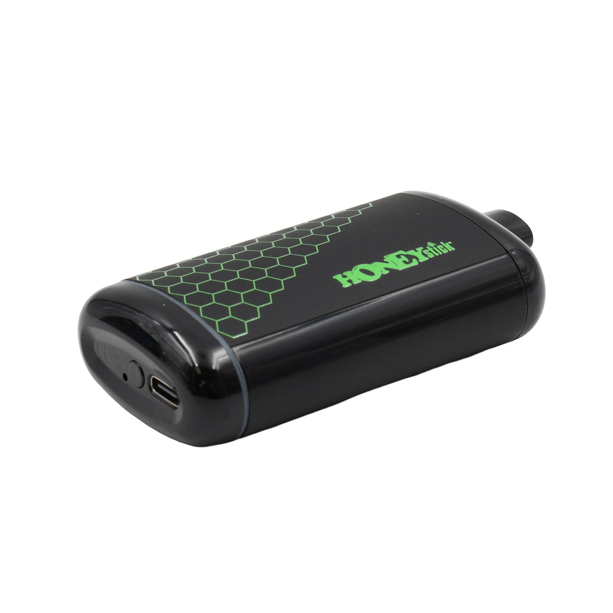 HoneyStick Interactive Concealer 510 Battery in glossy black with green honeycomb design; buttonless, USB-C rechargeable, and draw-activated for 510 cartridges.