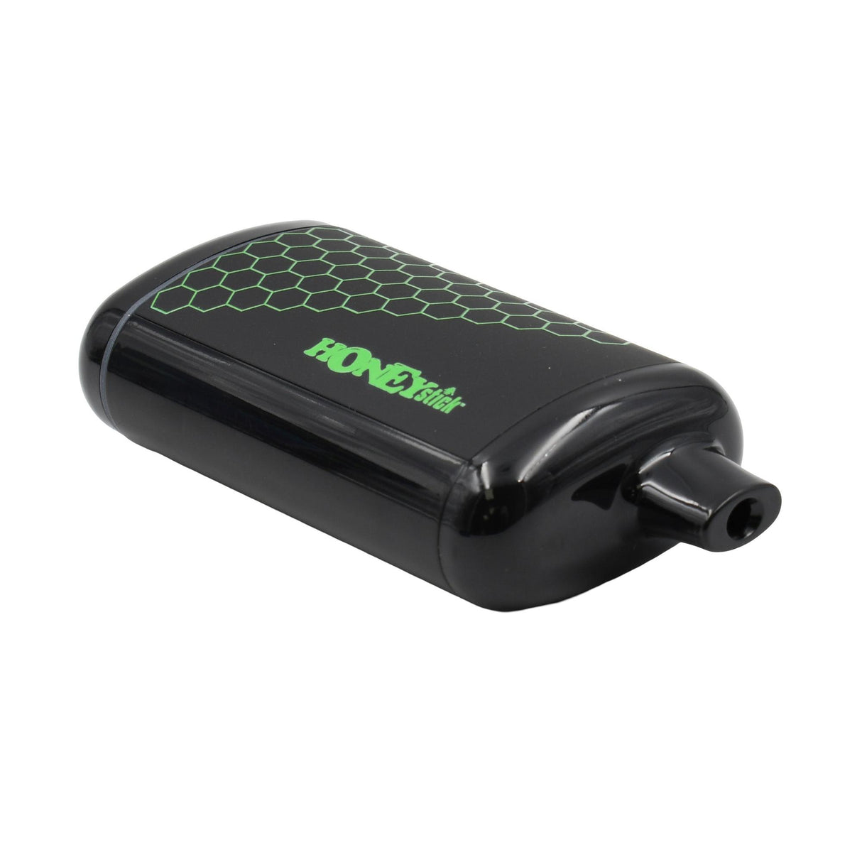 HoneyStick Interactive Concealer 510 Battery, glossy black with green honeycomb pattern, features a built-in mouthpiece, enhancing vaping with sleek style and advanced functionality.