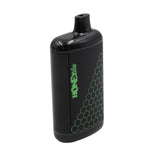 HoneyStick Interactive 510 Battery: Glossy black vaporizer with built-in mouthpiece and green honeycomb graphics, designed for convenient, buttonless vaping with 510 cartridges.