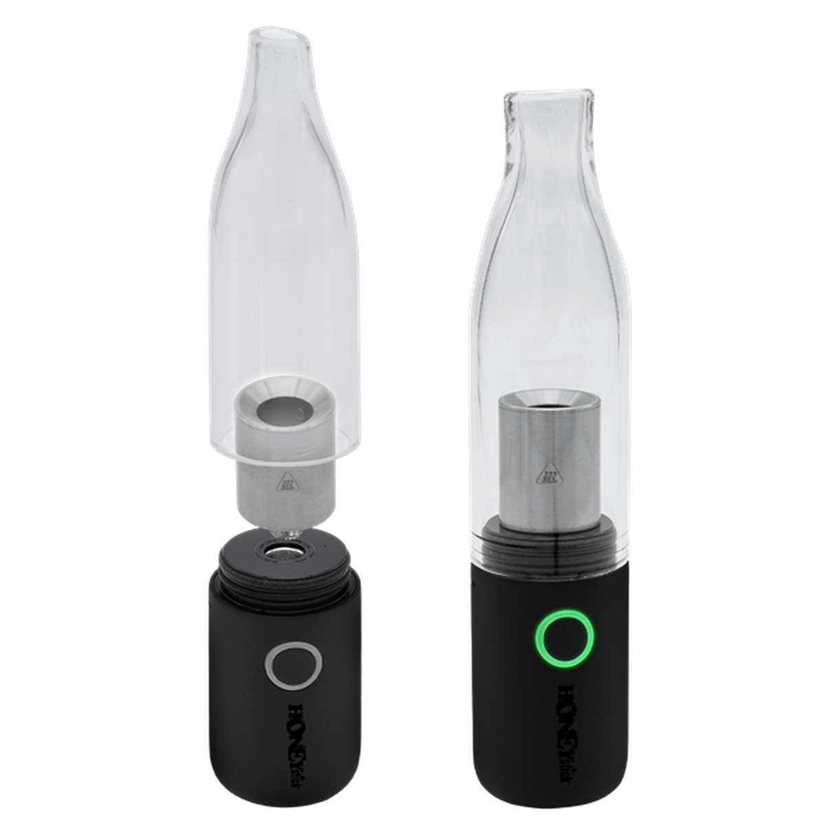 HoneyStick Lil Ripper E-Rig close-up, showcasing its sleek design, glass mouthpiece, and black container, highlighting its portable and powerful vaping functionality.