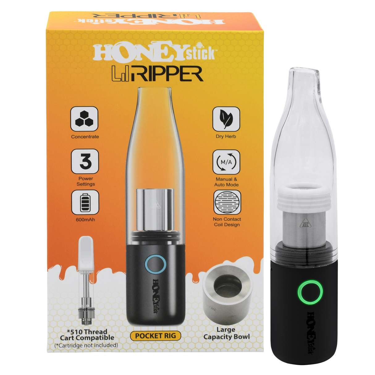 HoneyStick Lil Ripper E-Rig in packaging, showcasing its sleek black and silver design with accessories visible, tailored for wax and dry herb vaping.