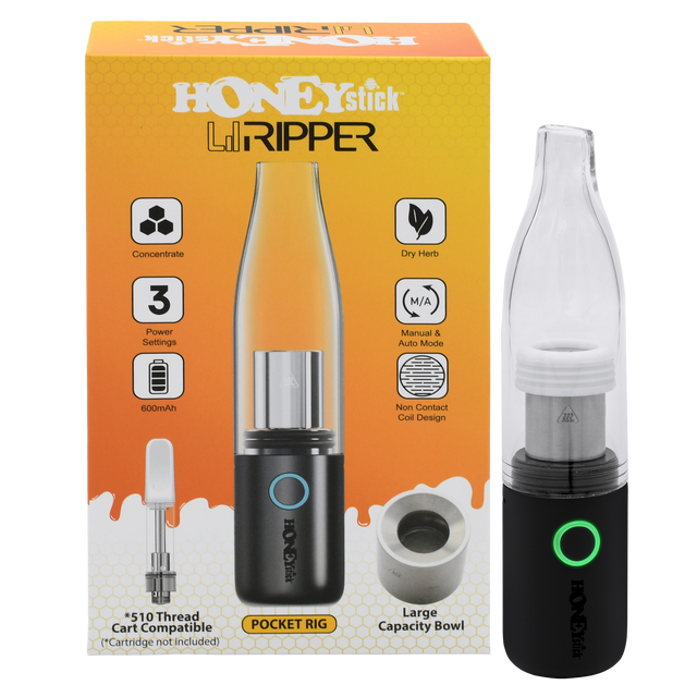 HoneyStick Lil Ripper E-Rig in packaging, showcasing its sleek black and silver design with accessories visible, tailored for wax and dry herb vaping.