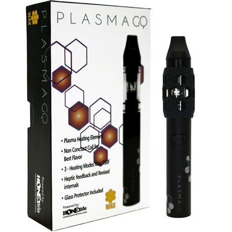 Plasma GQ 2.0 Wax Vape Pen in its packaging, featuring a sleek design, durable glass bowl, and high-capacity battery for versatile concentrate vaporization.