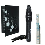 Plasma GQ 2.0 Wax Vape Pen with quartz bowl, black cylinder, and manual, featuring adjustable temperature settings for optimal concentrate vaporization.