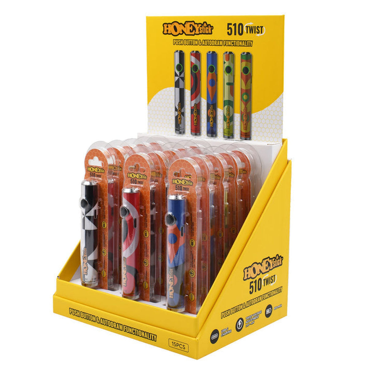 Display of Twist 510 Thread Battery Push-Button & AutoDraw, featuring 15 units with individual packaging, compatible with 510 cartridges, and offering a twist voltage adjustment.