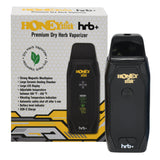 HoneyStick HRB+ Dry Herb Vaporizer and packaging, showcasing the device's digital display, ceramic heating chamber, and magnetic mouthpiece alongside its branded retail box and feature list.