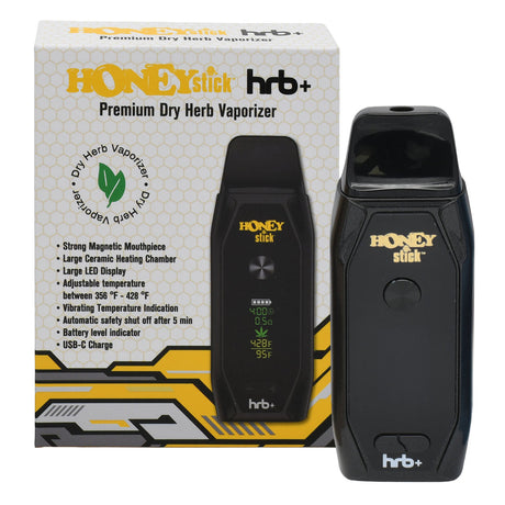 HoneyStick HRB+ Dry Herb Vaporizer and packaging, showcasing the device's digital display, ceramic heating chamber, and magnetic mouthpiece alongside its branded retail box and feature list.