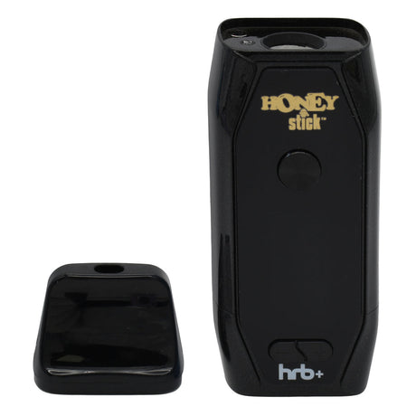 HoneyStick HRB+ Dry Herb Vaporizer in black with gold branding, detachable mouthpiece cap, LED display, and USB C port visible.