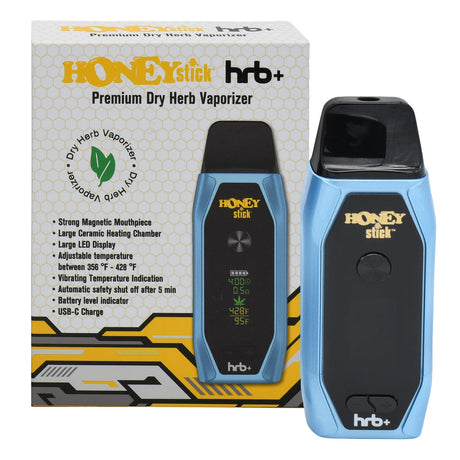 HoneyStick HRB+ Dry Herb Vaporizer with box, showing features: magnetic mouthpiece, ceramic chamber, LED display, adjustable temperature, USB-C charging, and included accessories.