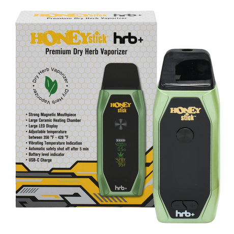 HoneyStick HRB+ Dry Herb Vaporizer and packaging, showcasing compact design, LED display, ceramic heating chamber, and USB C charging cable.