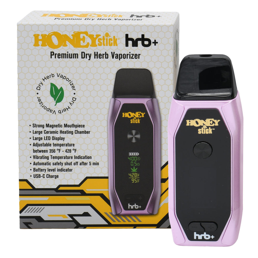 HoneyStick HRB+ Dry Herb Vaporizer with magnetic mouthpiece, LED display, ceramic chamber, adjustable temperature, USB-C charging; includes vaporizer, charging cable, cleaning tool, manual.