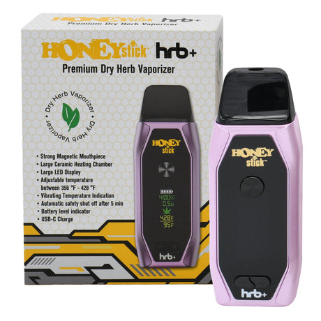 HoneyStick HRB+ Dry Herb Vaporizer with magnetic mouthpiece, LED display, ceramic chamber, adjustable temperature, USB-C charging; includes vaporizer, charging cable, cleaning tool, manual.