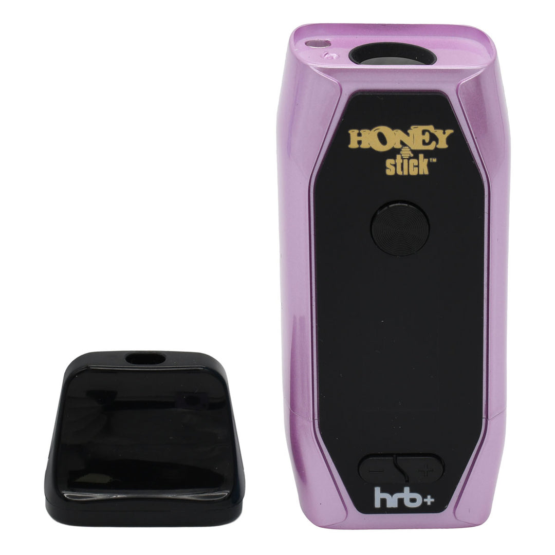 HRB+ Dry Herb Vaporizer with removable mouthpiece, showcasing its compact design, LED display, and ceramic heating chamber for efficient dry herb vaporization.