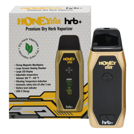 HoneyStick HRB+ Dry Herb Vaporizer kit with a gold-black unit, ceramic chamber, LED display, magnetic mouthpiece, USB-C charging, and retail box with features.