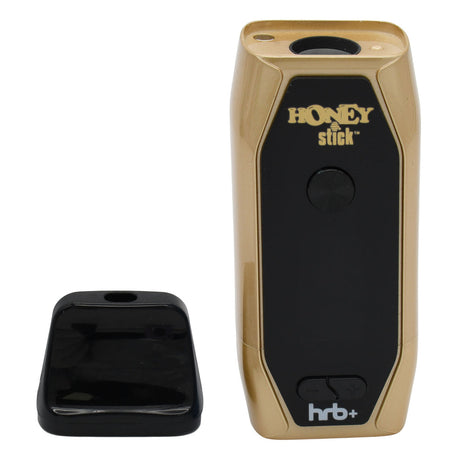 HoneyStick HRB+ Dry Herb Vaporizer in gold/black, shown with detachable mouthpiece, featuring LED display and compact design for portable herbal vaporization.