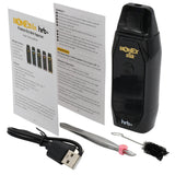 HoneyStick HRB+ Dry Herb Vaporizer kit includes device, user manual, USB-A cable, tweezer tool, and coil-cleaning brush for comprehensive use and maintenance.