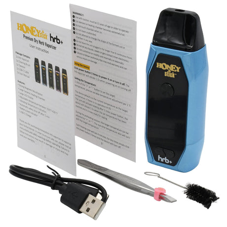 HoneyStick HRB+ Dry Herb Vaporizer kit with device, user manual, USB-C cable, tweezers, cleaning brush, and silicone band for easy use and maintenance.