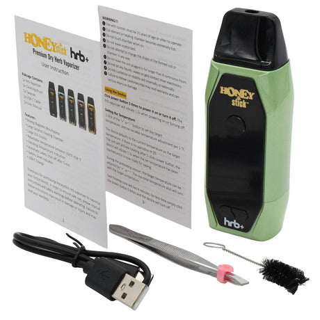 HoneyStick HRB+ Dry Herb Vaporizer kit with vaporizer, user manual, USB cable, cleaning brush, and tweezers, designed for efficient dry herb use.