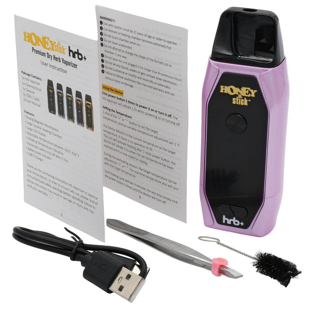 HoneyStick HRB+ Dry Herb Vaporizer kit with vaporizer, manual, USB charging cable, tweezers, dab tool, and cleaning brush for portable dry herb use.