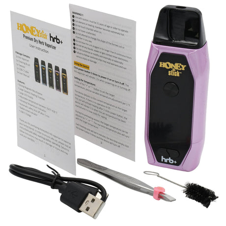 HoneyStick HRB+ Dry Herb Vaporizer kit with vaporizer, manual, USB charging cable, tweezers, dab tool, and cleaning brush for portable dry herb use.