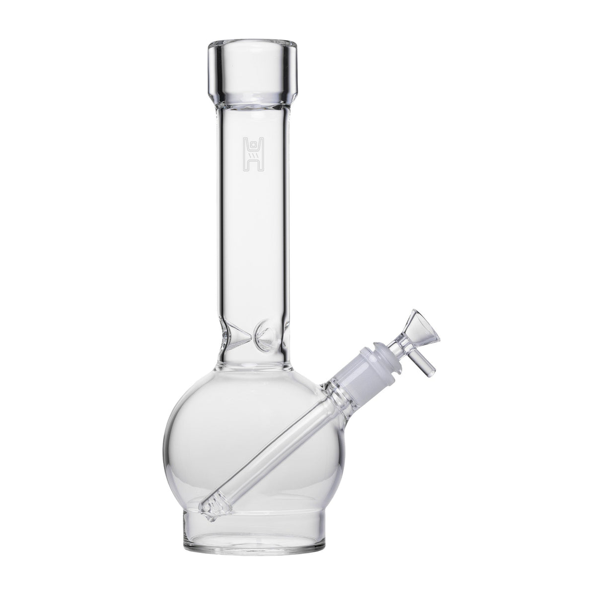 12 Ball Bong - Clear with a globe-shaped base, straight neck, angled downstem, and removable bowl, crafted from borosilicate glass for durability and smooth use.