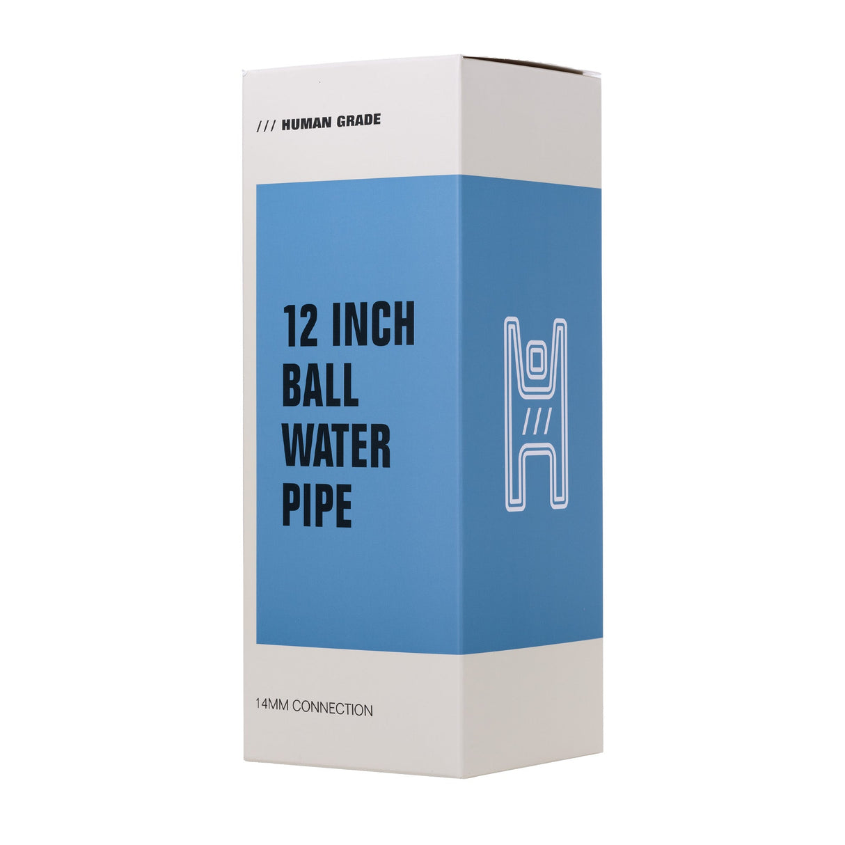 12 Ball Bong - Clear box with line-drawing of the water pipe, labeled with Human Grade, 12 Inch Ball Water Pipe, and 14 MM Connection.