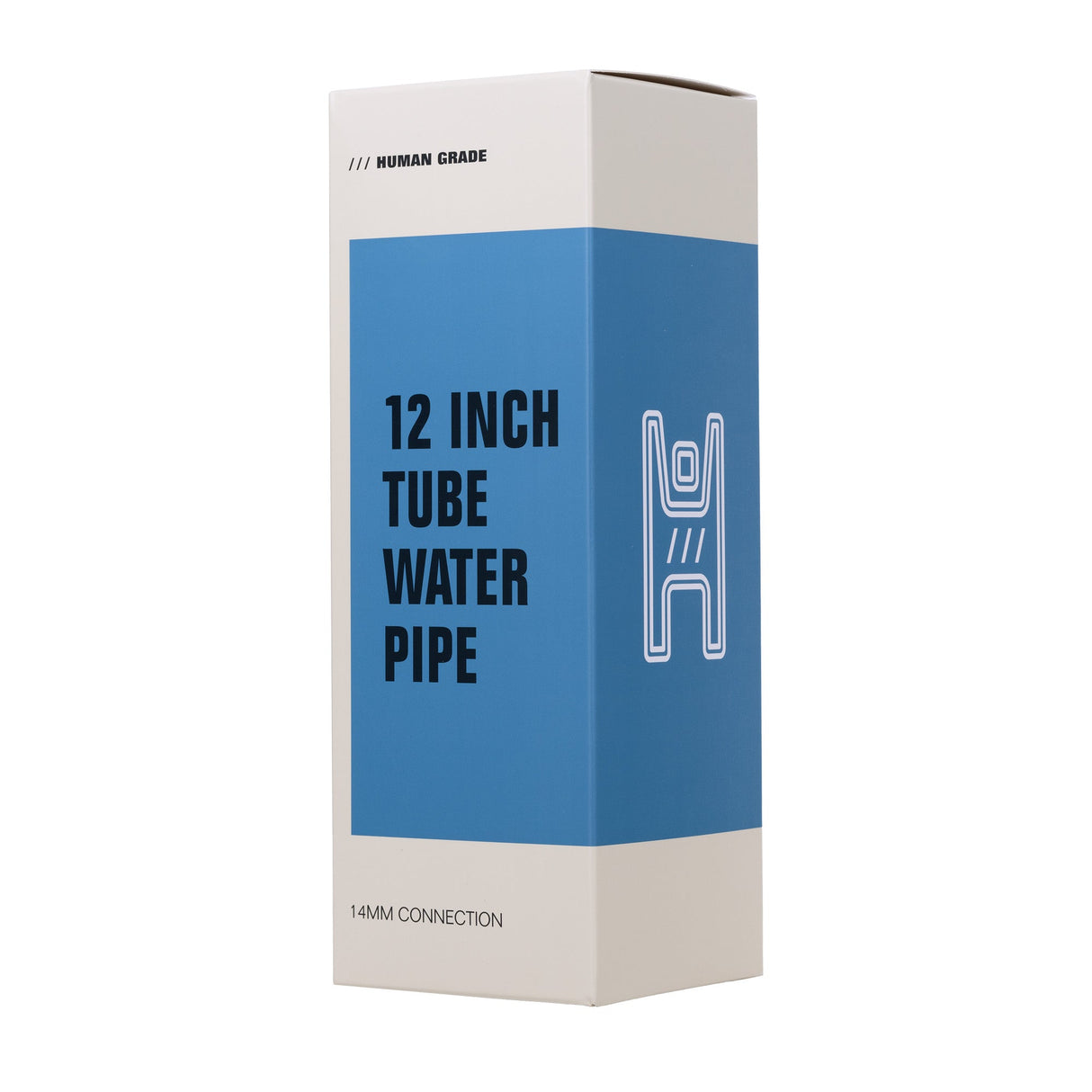 12 Tube Bong - Clear: Retail box for a straight-tube glass water pipe, labeled HUMAN GRADE, featuring a 14mm connection, designed for smooth, powerful hits.