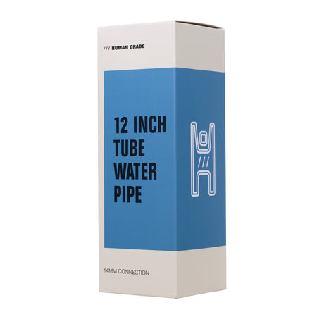12 Tube Bong - Clear: Retail box for a straight-tube glass water pipe, labeled HUMAN GRADE, featuring a 14mm connection, designed for smooth, powerful hits.