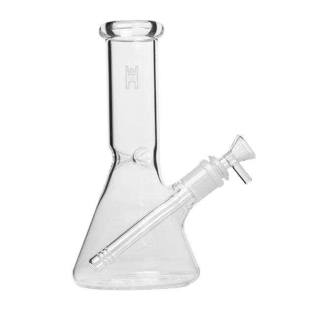 6 Beaker Bong - Clear, featuring a compact design with a beaker-style base, removable downstem, small bowl piece, and integrated ice catcher for smoother draws.