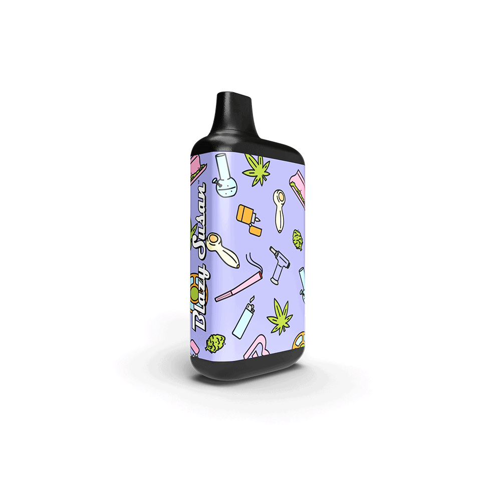 Blazy Susan Secret Box Battery, a compact vaping device, features a purple sleeve with cannabis-themed icons and branding, designed for versatile cartridge use.