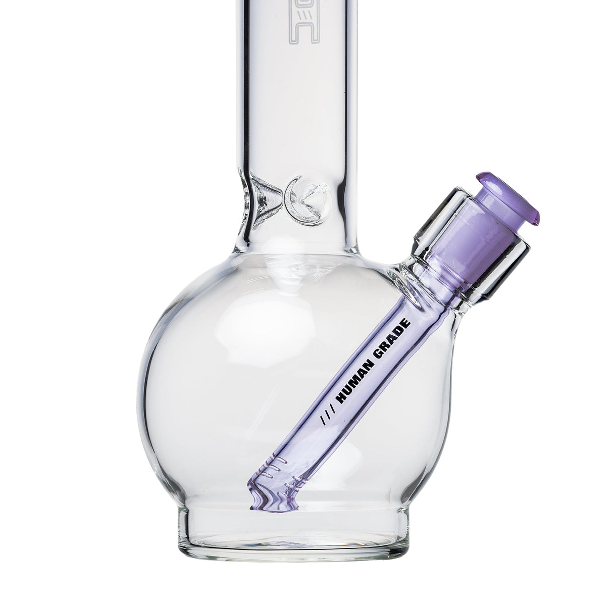 Small glass water pipe with round-ball base, featuring a straight neck and removable purple-tinted Human Grade downstem fitted into a 14mm female joint.