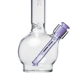 Small glass water pipe with round-ball base, featuring a straight neck and removable purple-tinted Human Grade downstem fitted into a 14mm female joint.