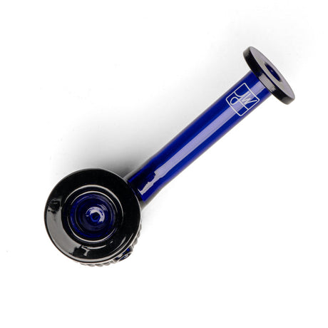 Twenties Collection Hand Pipe in dark-blue glass, spoon style with a white logo, features a textured grip and flat base for stability.