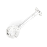 Twenties Collection Hand Pipe: A clear-glass spoon-style pipe with a round bowl and straight stem, featuring a textured surface and flat base for stability.