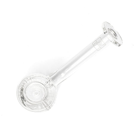 Twenties Collection Hand Pipe: A clear-glass spoon-style pipe with a round bowl and straight stem, featuring a textured surface and flat base for stability.