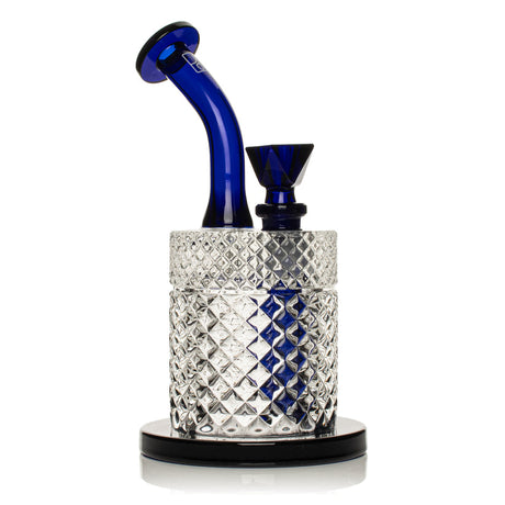 Twenties Collection Bubbler with a diamond-cut glass base, cobalt blue curved mouthpiece, and matching bowl, highlighting its ergonomic design and functionality.