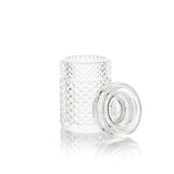 Twenties Collection Stash Jar: A clear, textured glass jar with matching lid, featuring a diamond-cut pattern and airtight seal for secure, elegant storage.