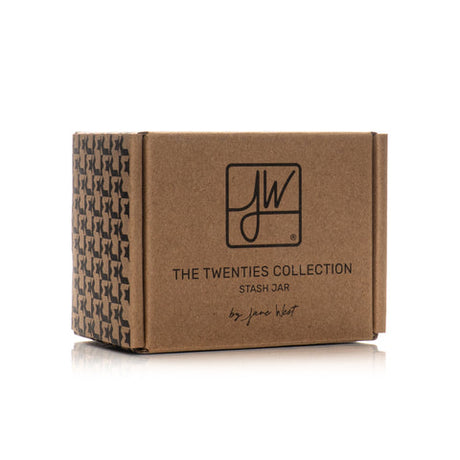 Kraft-paper box labeled with JW logo, THE TWENTIES COLLECTION, and STASH JAR by Jess Hart, indicating packaging for Jane West Twenties Collection Stash Jar.