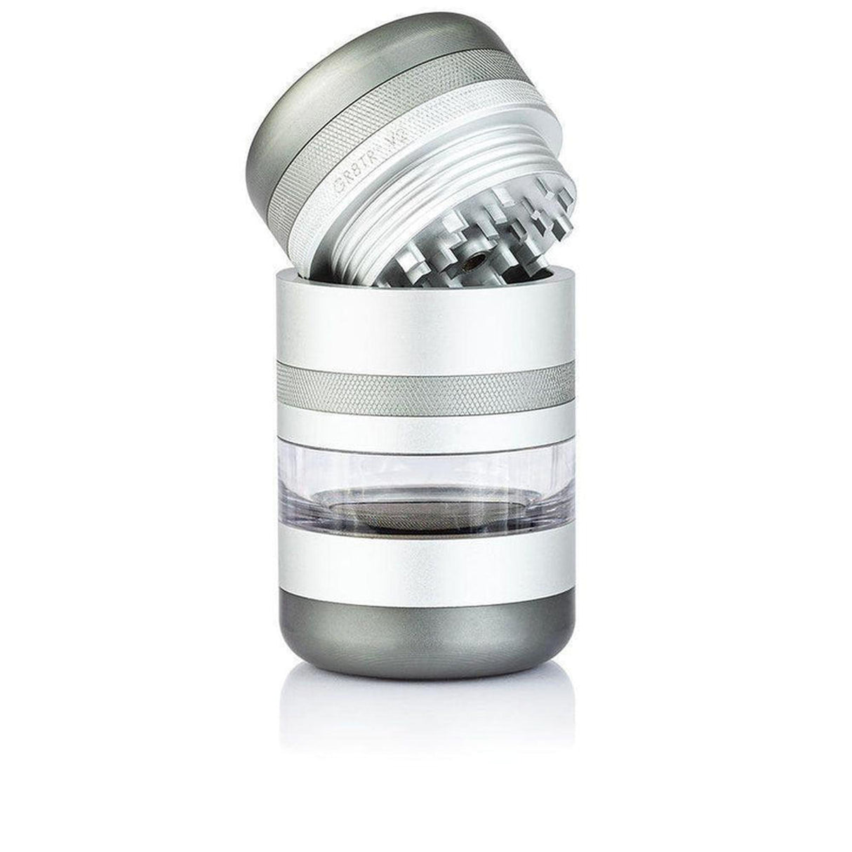 GR8TR Jar Body Grinder 2.2 features a four-piece design with a toothed top, clear middle chamber, and bottom kief catcher for efficient herb grinding.