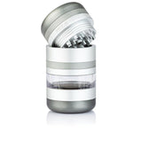 GR8TR Jar Body Grinder 2.2 features a four-piece design with a toothed top, clear middle chamber, and bottom kief catcher for efficient herb grinding.