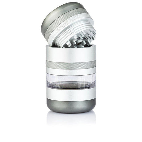 GR8TR Jar Body Grinder 2.2 features a four-piece design with a toothed top, clear middle chamber, and bottom kief catcher for efficient herb grinding.