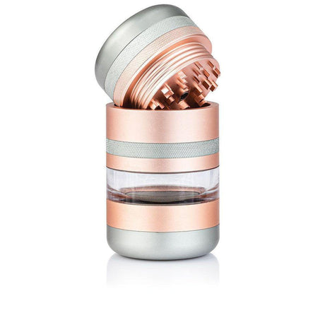GR8TR Jar Body Grinder 2.2, a modular, cylindrical herb grinder with interlocking teeth, clear storage chamber, and mesh screen for fine particles.