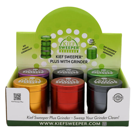 Kief Sweeper Grinders - Mixed Carton of 6, displayed in a branded box, showcasing modular grinders with built-in kief catcher and cleaning brush.