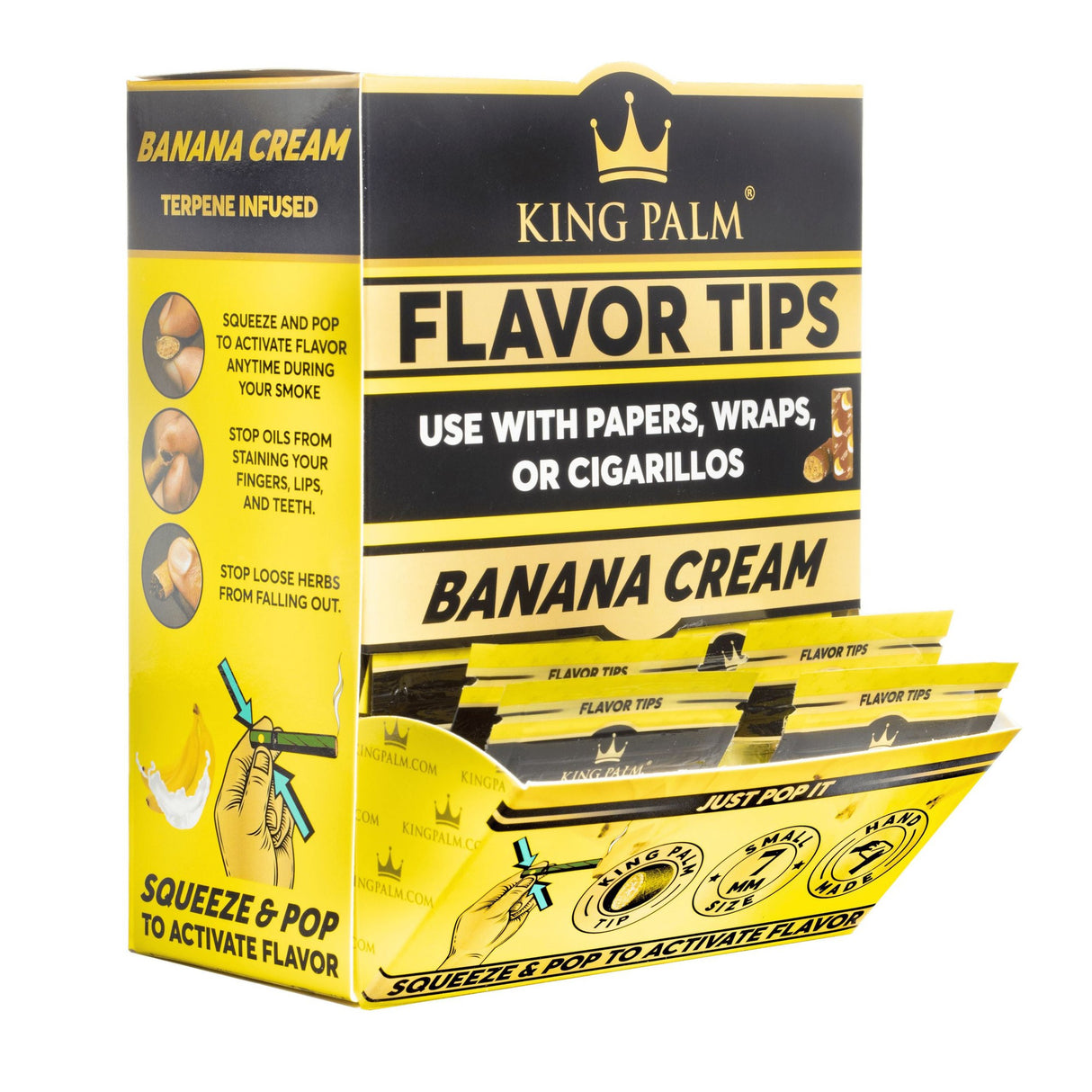 Flavored Filter Tips Display Box - 2 pack (Carton of 50) featuring King Palm's corn husk filters with flavor beads, shown in a close-up.